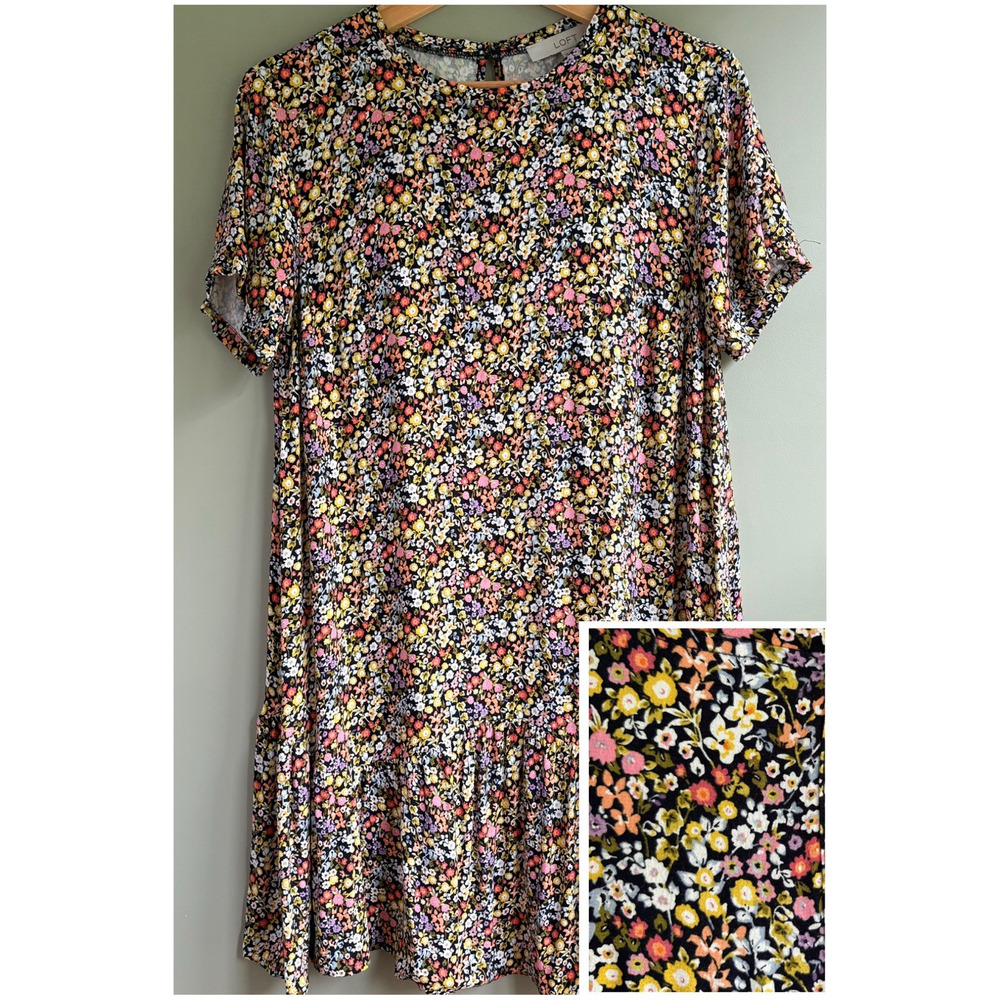 LOFT Petite Small Ditsy Floral‎ Print Short Sleeve Ruffle Dress Cottagecore Boho